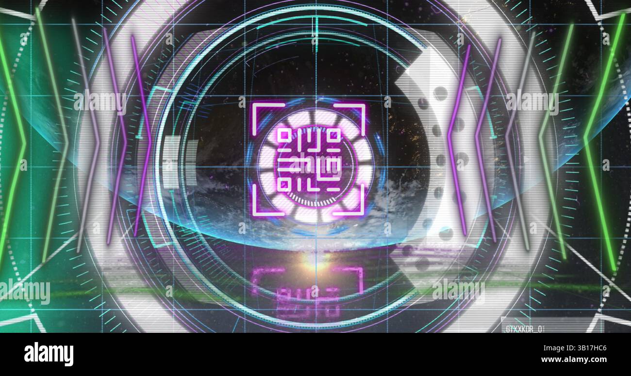 Image of qr code glowing over data processing and scope Stock Photo