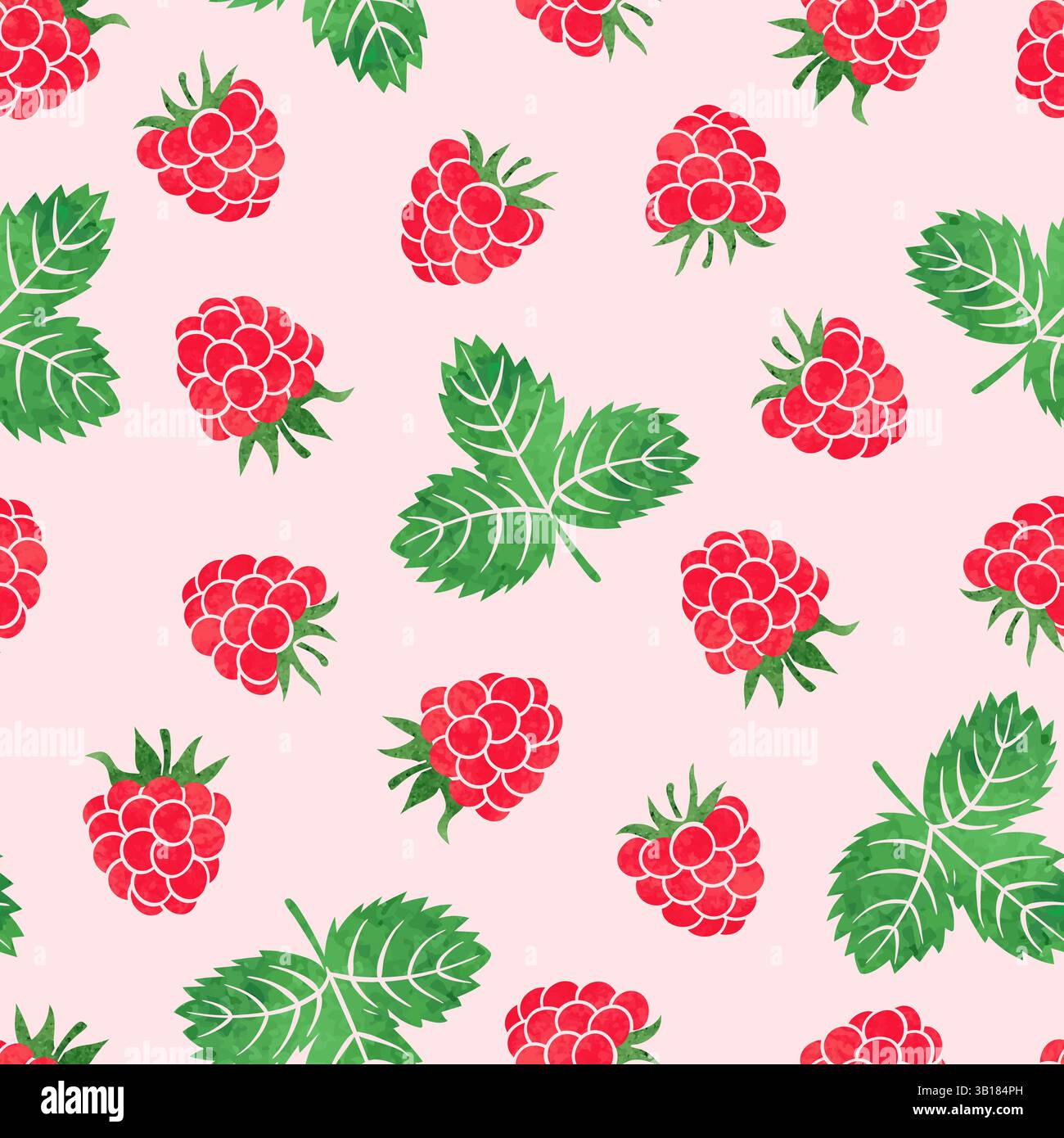 Seamless watercolor raspberry pattern. Vector illustration with berries and leaves Stock Vector