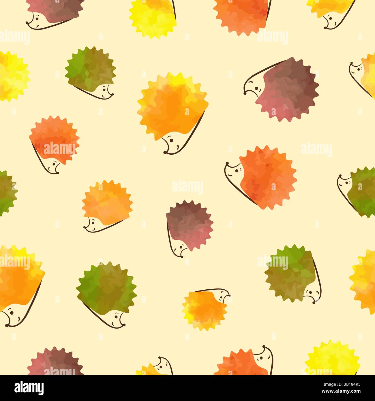 Seamless autumn pattern with abstract hedgehogs colored as autumn leaves Stock Vector
