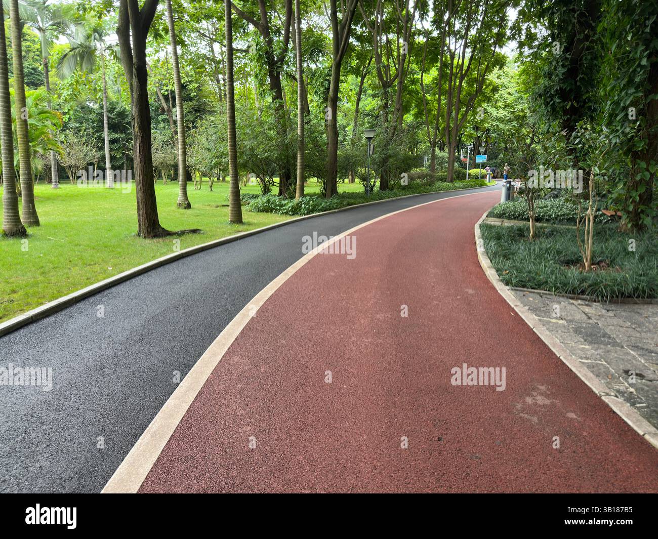 View of a red path winding through a lush green park under the sunlight in China. - Smartphone Captured Stock Image