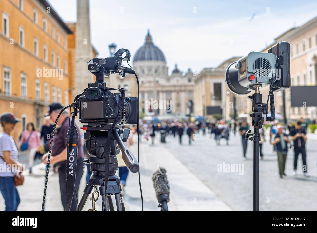 Vatican April, 23, 2025 Cameras and lighting gear set up in Vatican