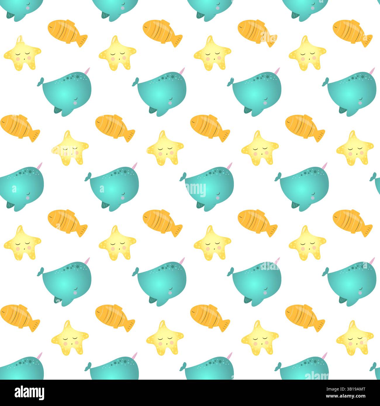 Cute whale and star seamless pattern. Stock Vector