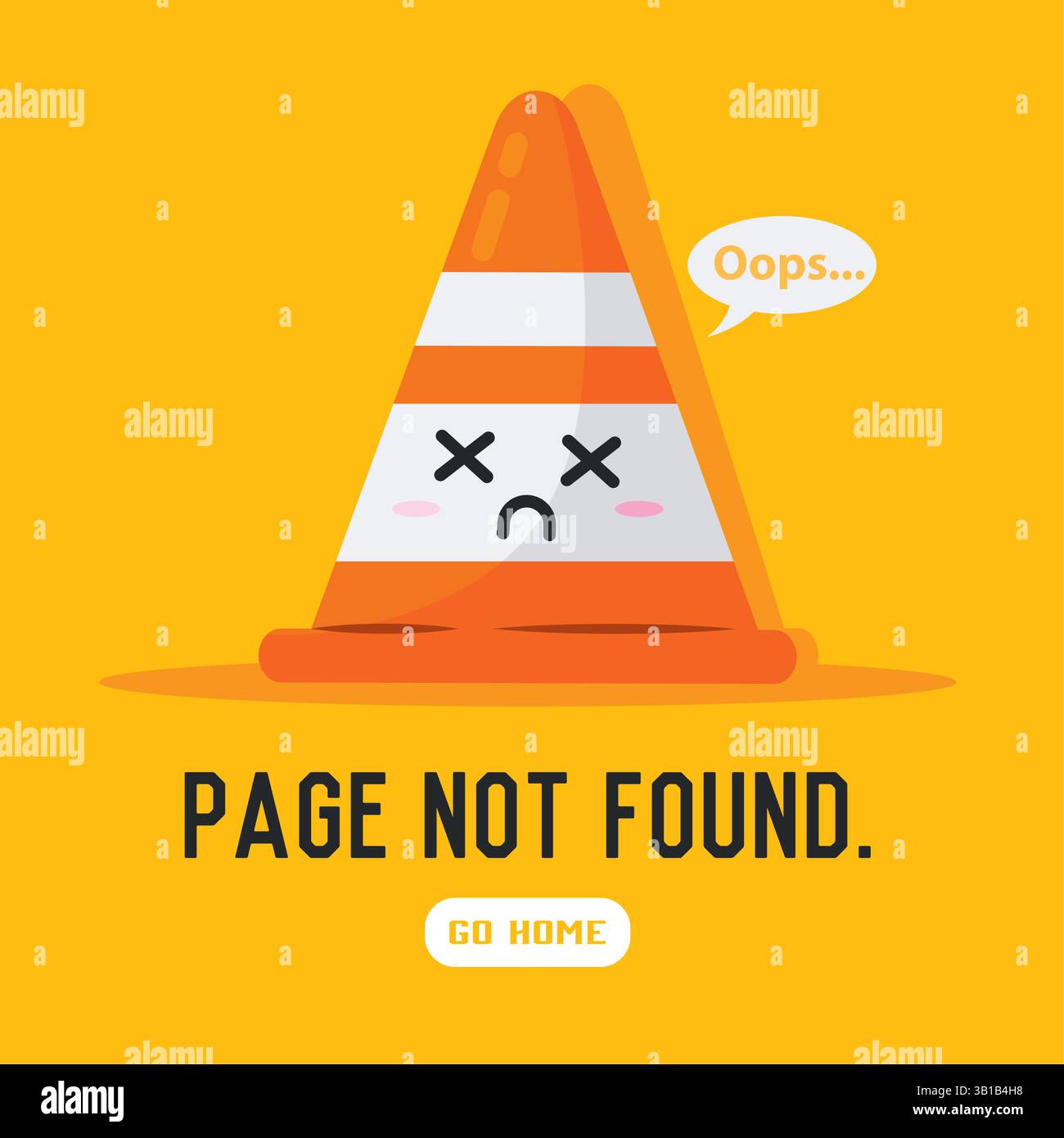 Traffic cone with sad face and oops bubble shows 404 warning. Vector illustration Stock Vector
