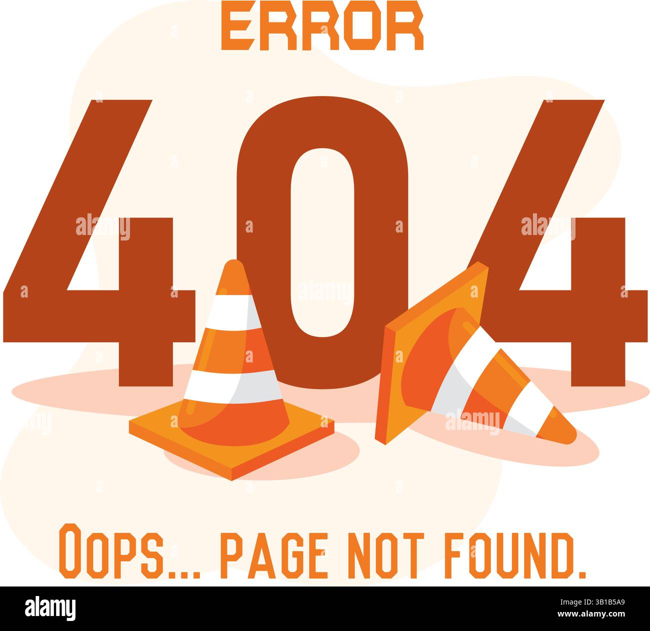 Big orange 404 text with scattered road cones as error warning. Vector illustration Stock Vector