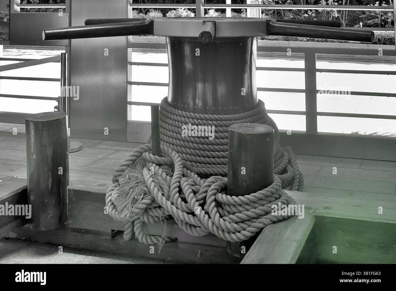Capstan and rope on wood block displayed in the Exhibition Gallery, Ap ...