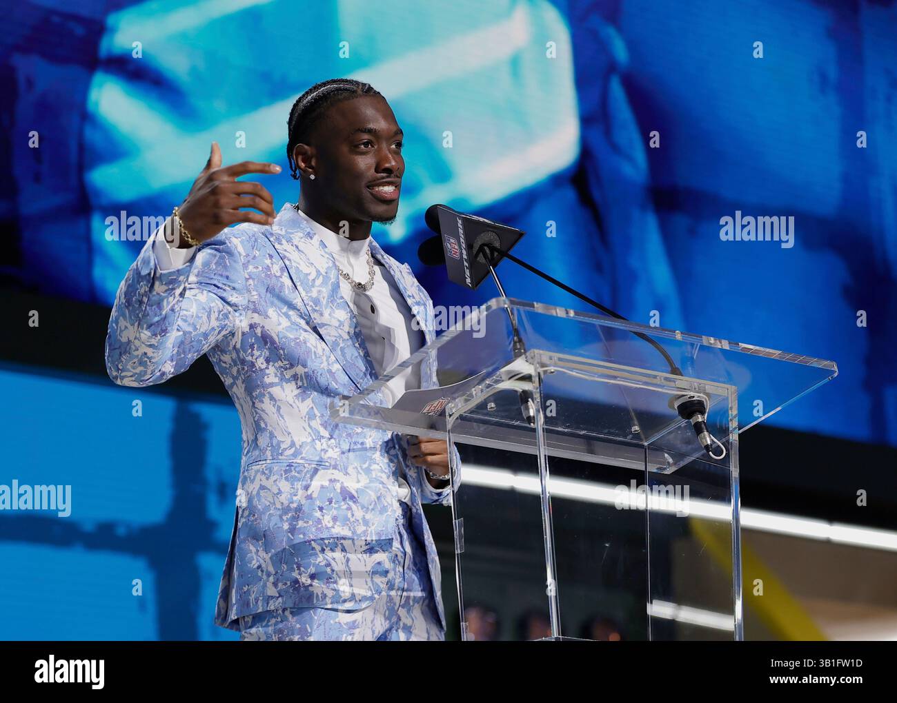 Terrion Arnold is seen on stage on the second day of the NFL football