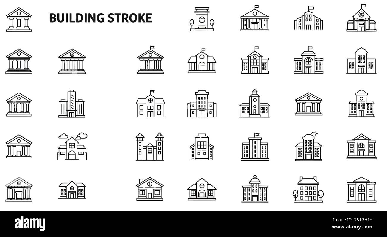 Architecture Stroke Icons Set, Minimalist Building Symbols Collection ...