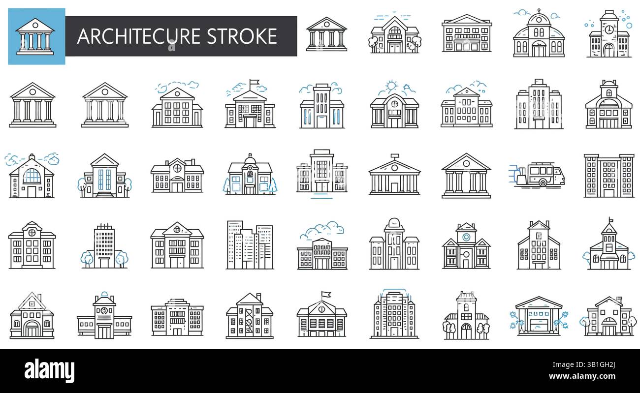 Architecture Stroke Icons Set, Minimalist Building Symbols Collection ...