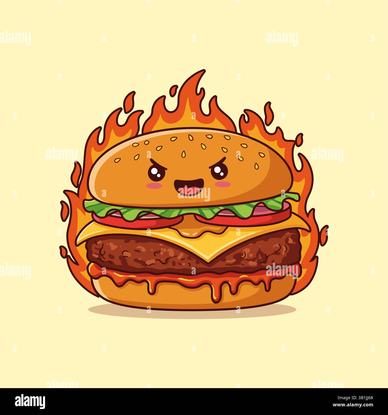 Cute Cheeseburger Cartoon with fire flames Vector Illustration. Stock Vector
