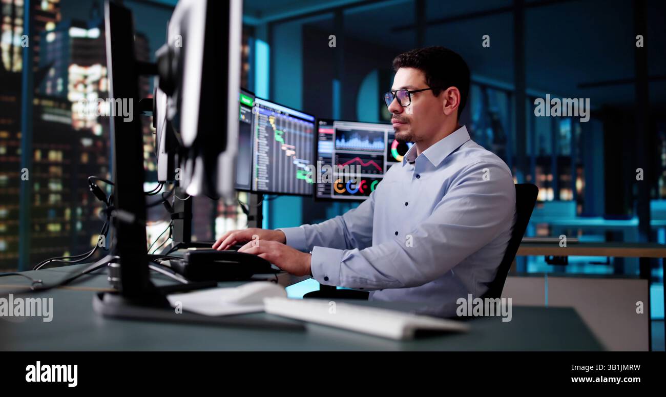 Scrum Project Manager Using Scrum Board Scheduling Software Stock Photo