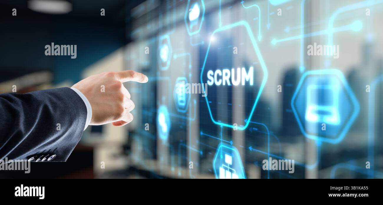 Businessman presses a button Scrum process software development outline concept. Stock Photo