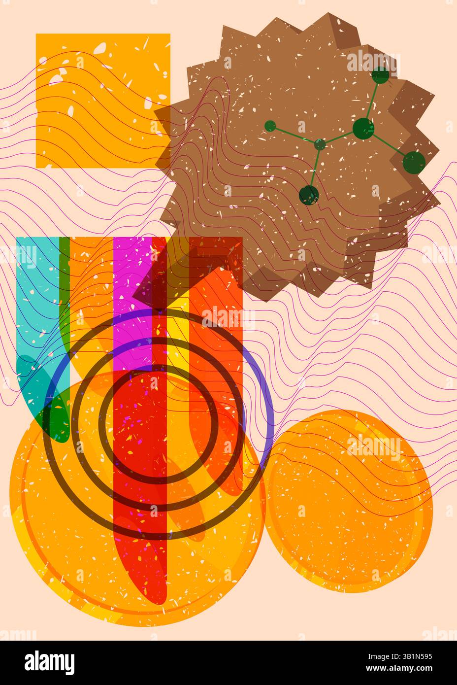 Risograph Gold Coin with speech bubble with geometric shapes. Objects in trendy riso graph print texture style design with geometry elements. Stock Vector