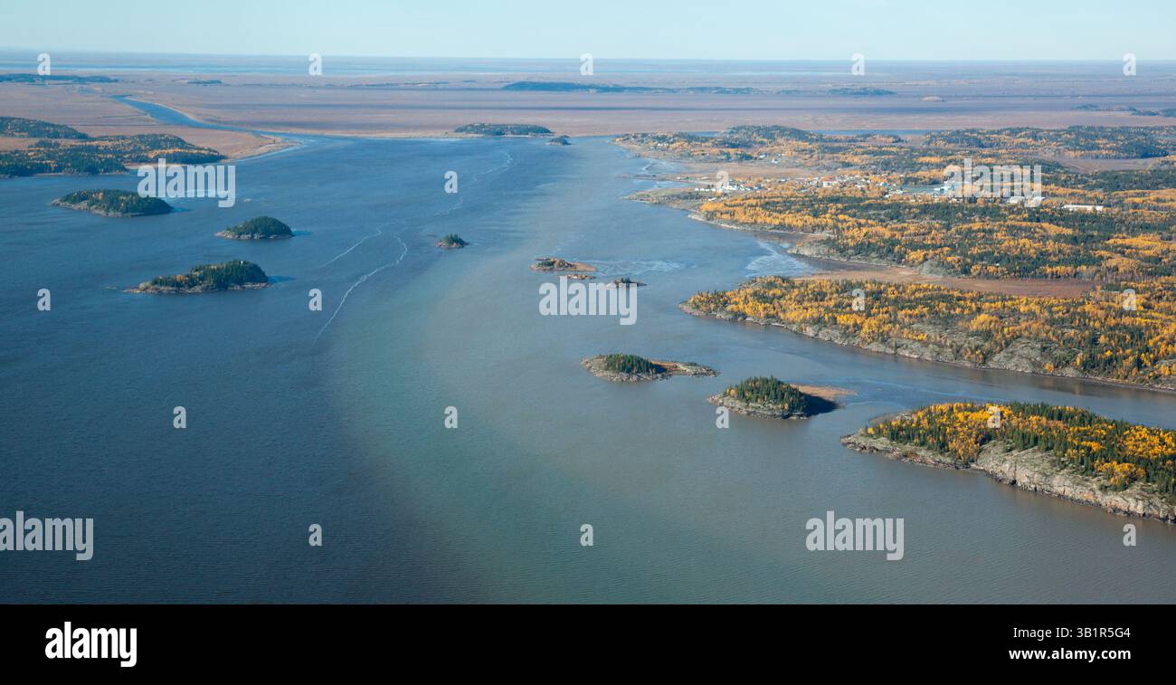 Sept. 28, 2010 - Edmonton, Alberta, Canada - FORT CHIPEWYAN, ALTA.: SEPTEMBER 28, 2010 -- An aerial view of Fort Chipewyan, Alta. on Lake Athabasca on September 28, 2010. Hollywood director James Cameron is to meet with first nations people Tuesday to discuss the effects of the Alberta oil sands upstream on the Athabasca river. (Credit Image: © Ryan Jackson/PostMedia News/ZUMApress.com) Stock Photo