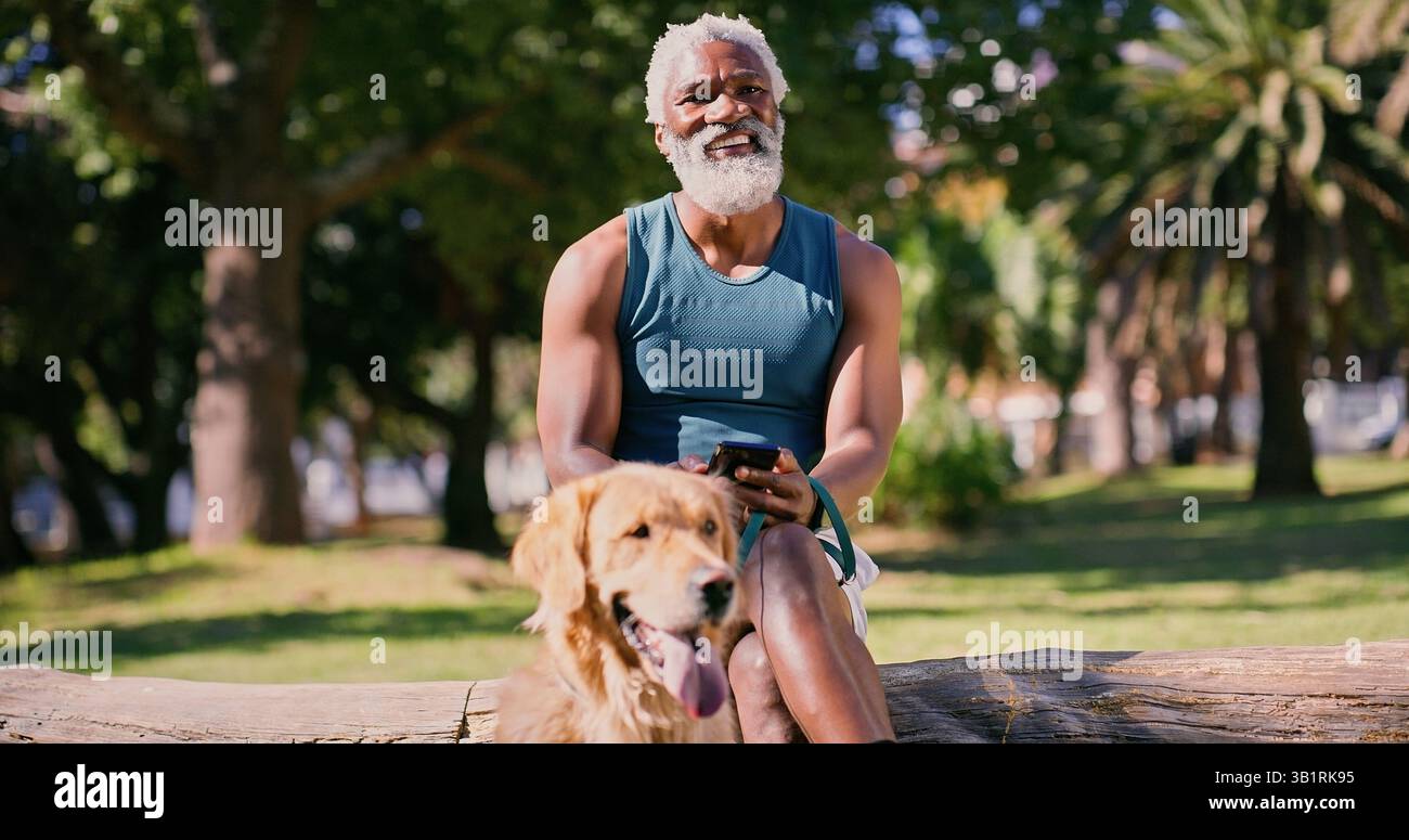 Dog walking, phone and thinking with black man in park for cardio exercise, fitness or health hobby. Break, obedience training and pet performance Stock Photo