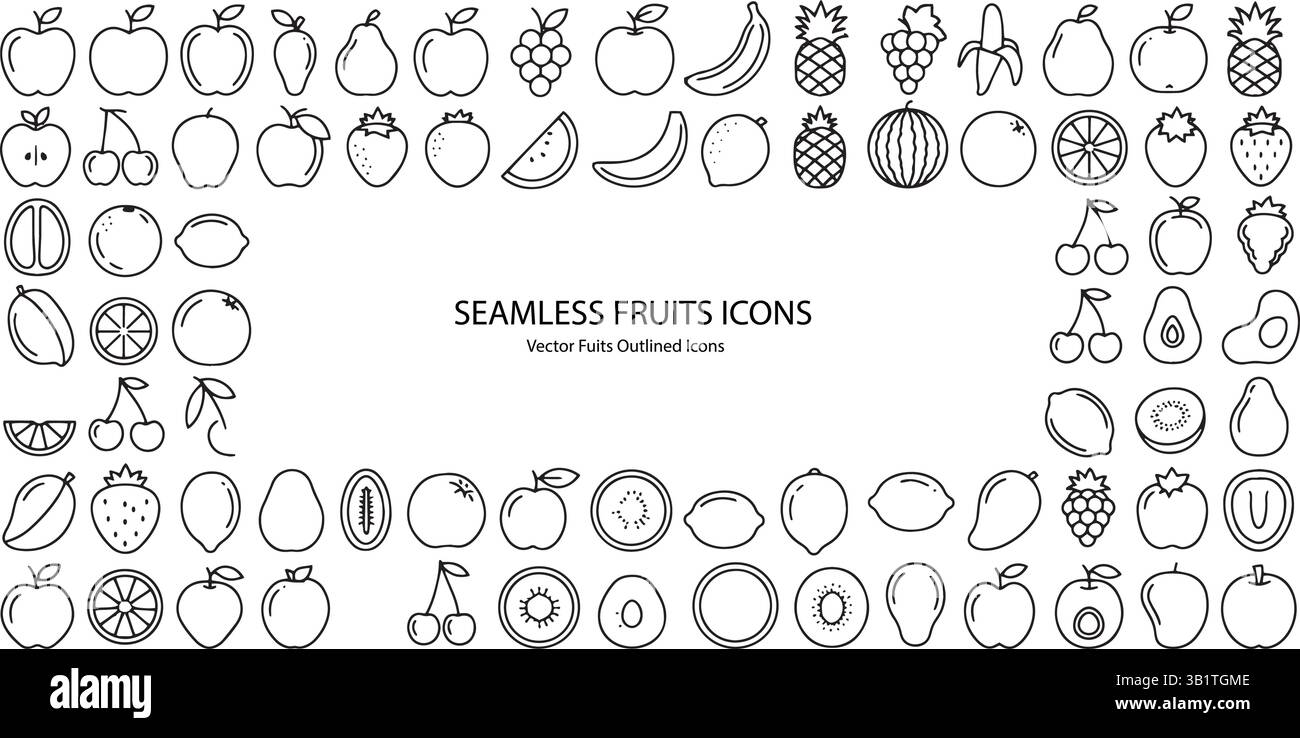 Seamless hand-drawn fruit icons set in outline style, perfect for food packaging, branding, patterns, backgrounds, and healthy lifestyle designs Stock Vector