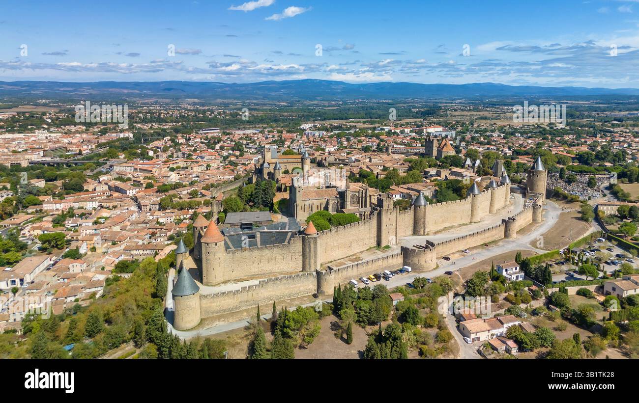 Aerial view of the medieval city of Carcassonne and its fortress castle ...