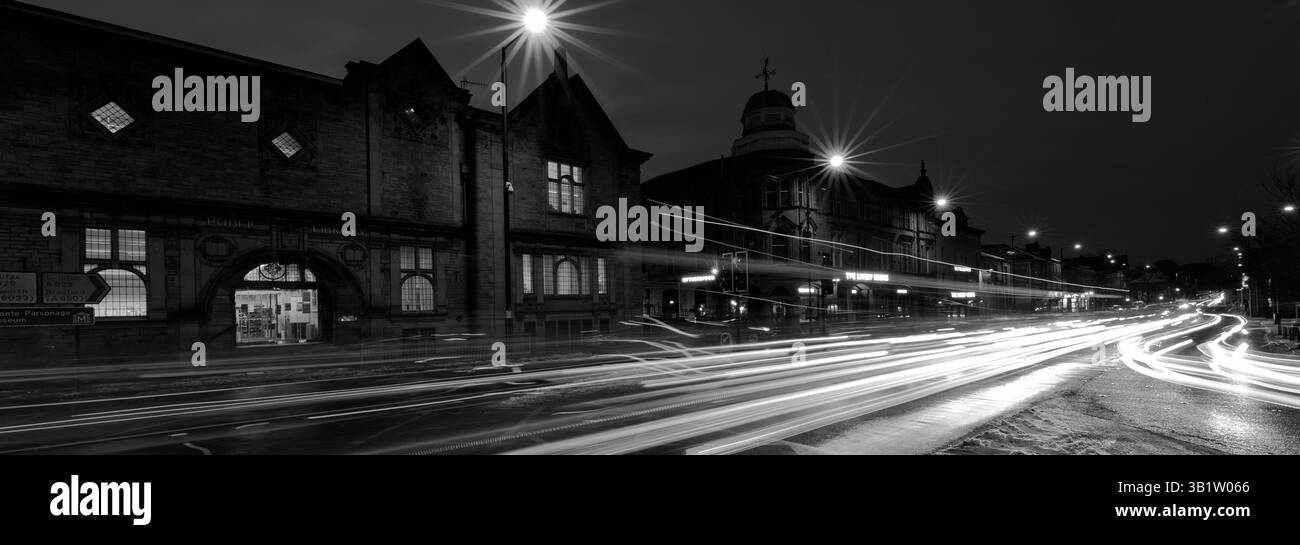 Dusk view of the public Library in Keighley town, Yorkshire, England ...
