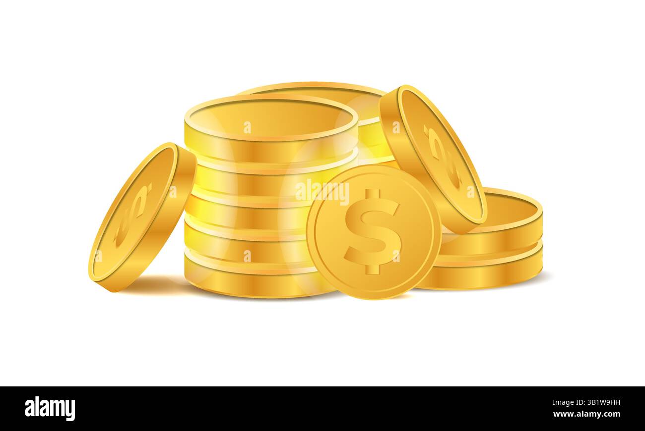 Realistic yellow brass or gold coin different views. Embossed Dollar ...