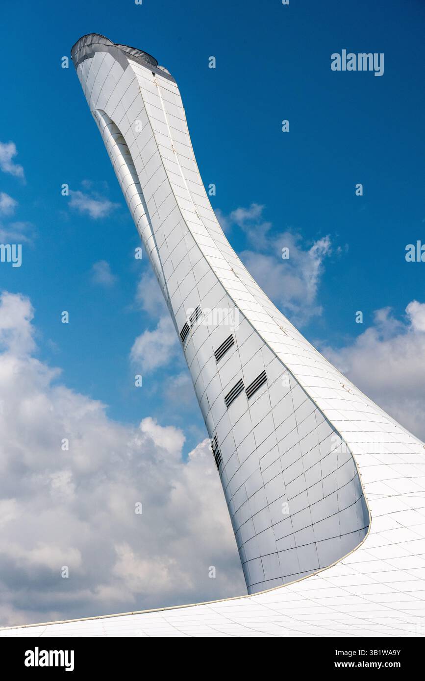 Adler, Sochi, Russia – July 7, 2018. The cauldron at the Medals Plaza in Sochi, Russia. It was used as the cauldron for the Olympic flame at 2014 Wint Stock Photo