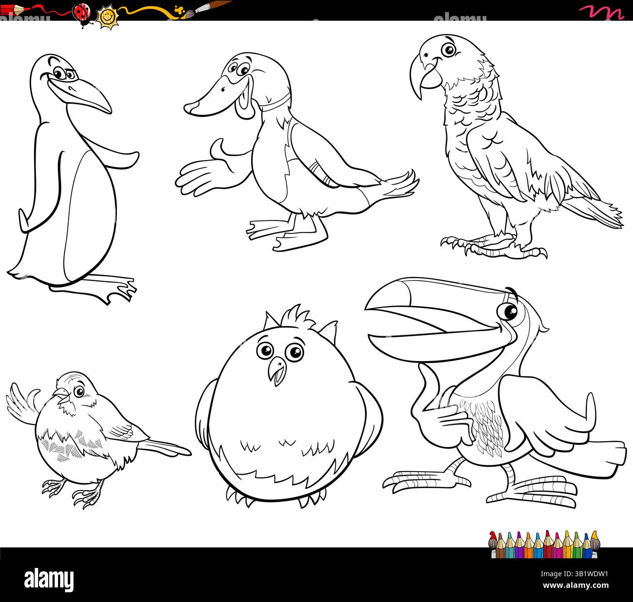 Cartoon illustration of comic birds animal characters set coloring page Stock Vector
