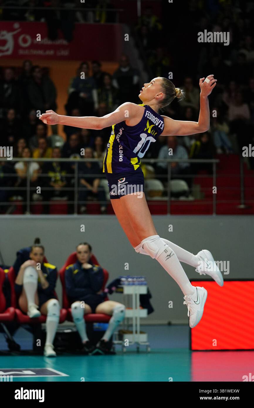ISTANBUL, TURKIYE - APRIL 12, 2025: Arina Fedorovtseva serves during ...