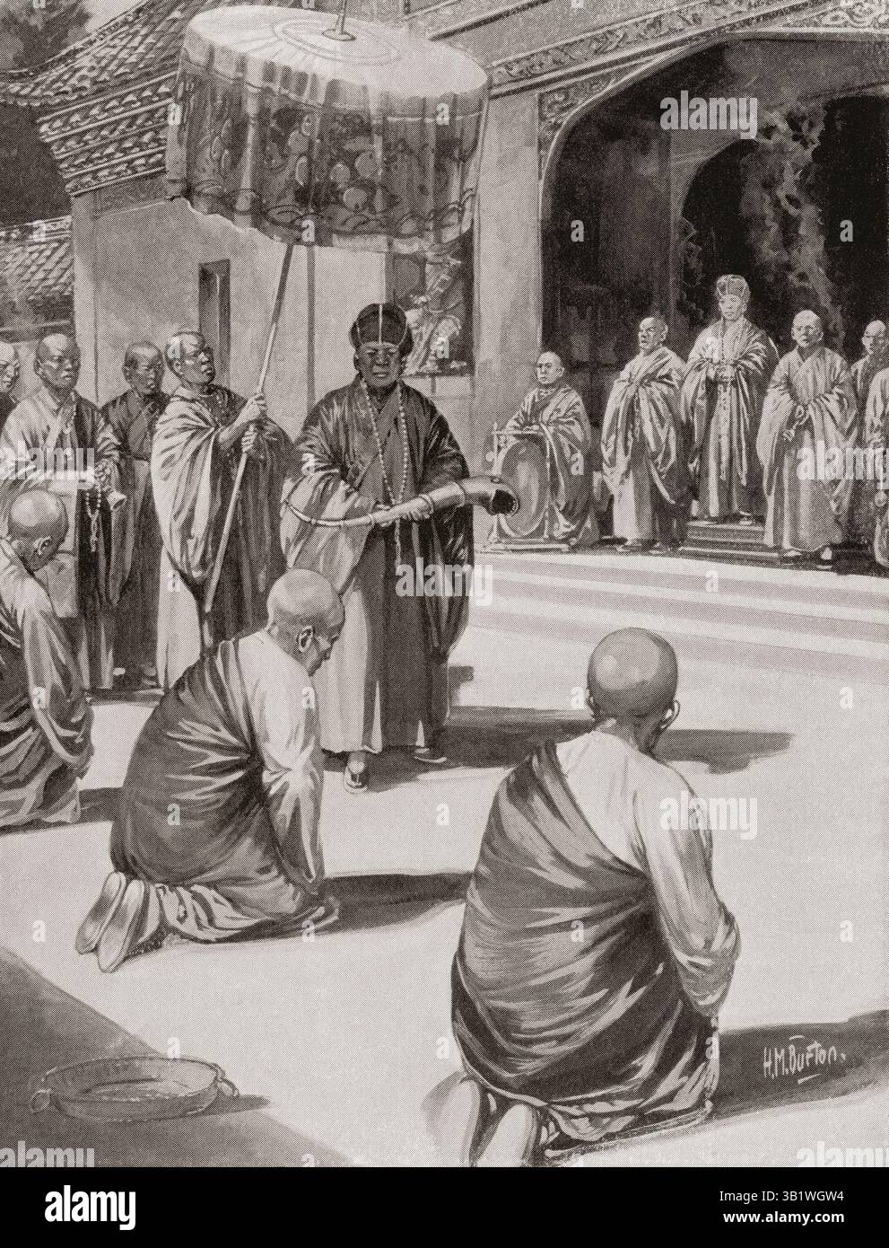 Chu Yuang Chang entering as a novice monk at the Huangjue Temple, a local Buddhist monastery, he was later to become emperor.   The Hongwu Emperor, 1328 – 1398, personal name Zhu Yuanzhang or Chu Yuan-Chang.  Founder and first emperor of China's Ming dynasty. Stock Photo