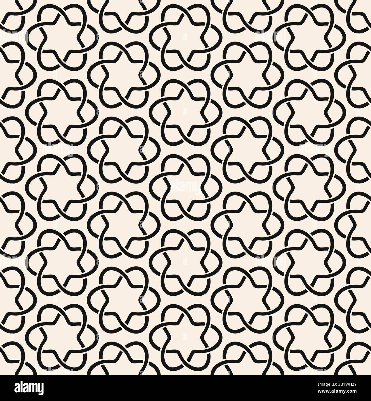 Black braid interwined circles seamless pattern on beige background. Repeating beige pattern. Stock Vector