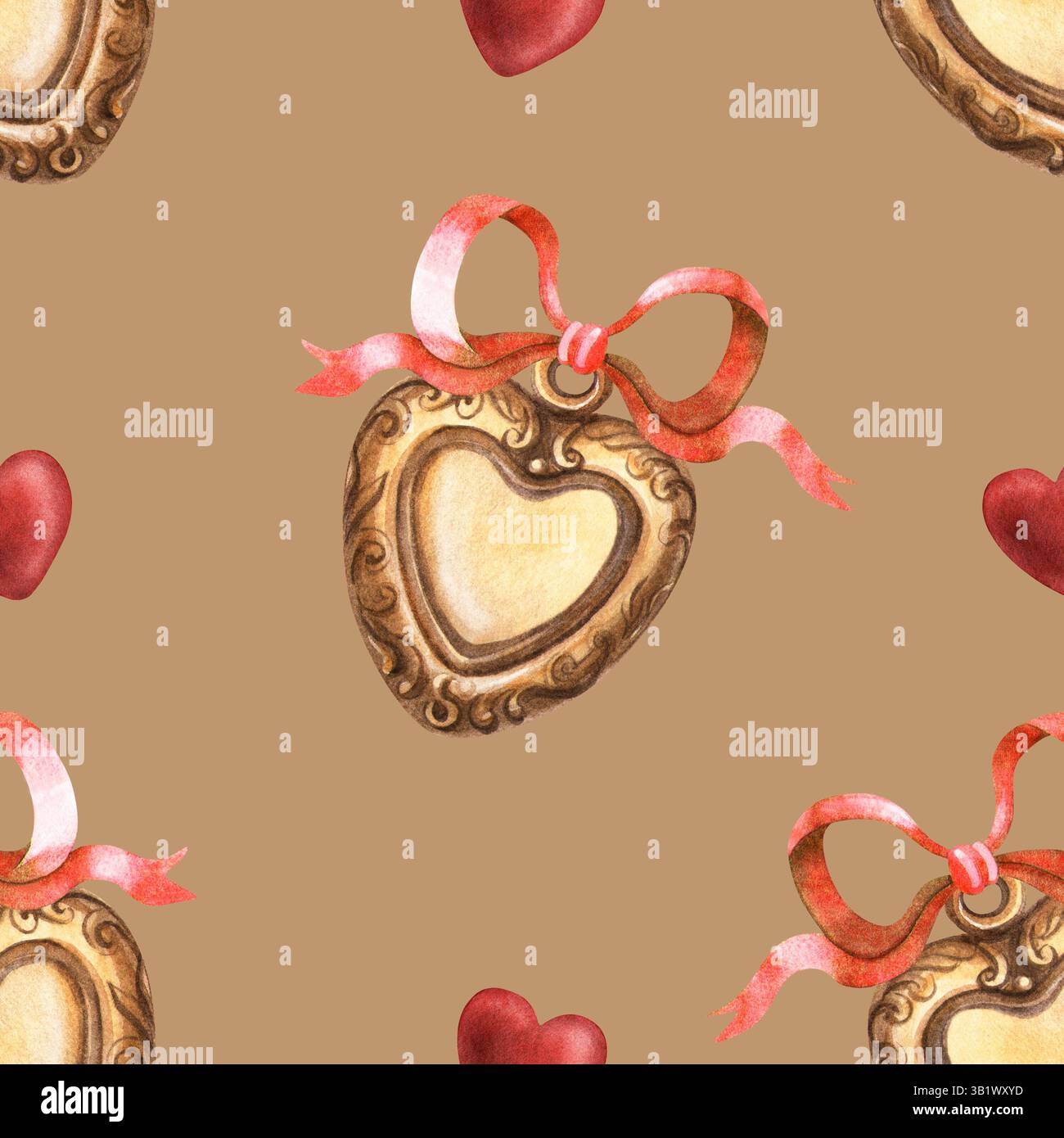Vintage mocha seamless pattern heart locket golden pendant with red bow ...