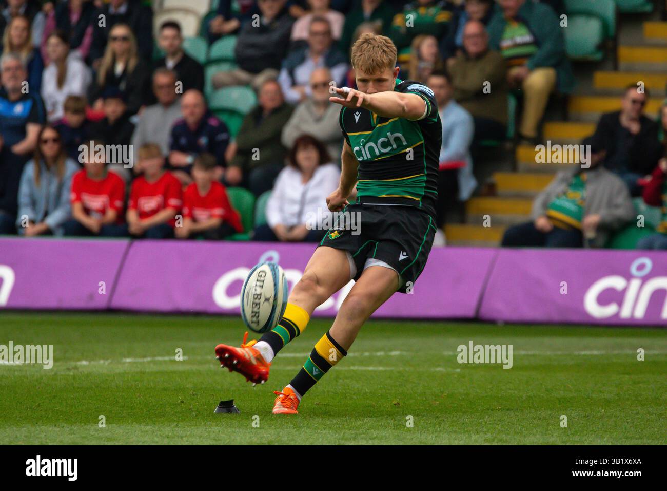 Northampton, UK, 26th April 2025 Northampton Saints fly half Fin Smith ...