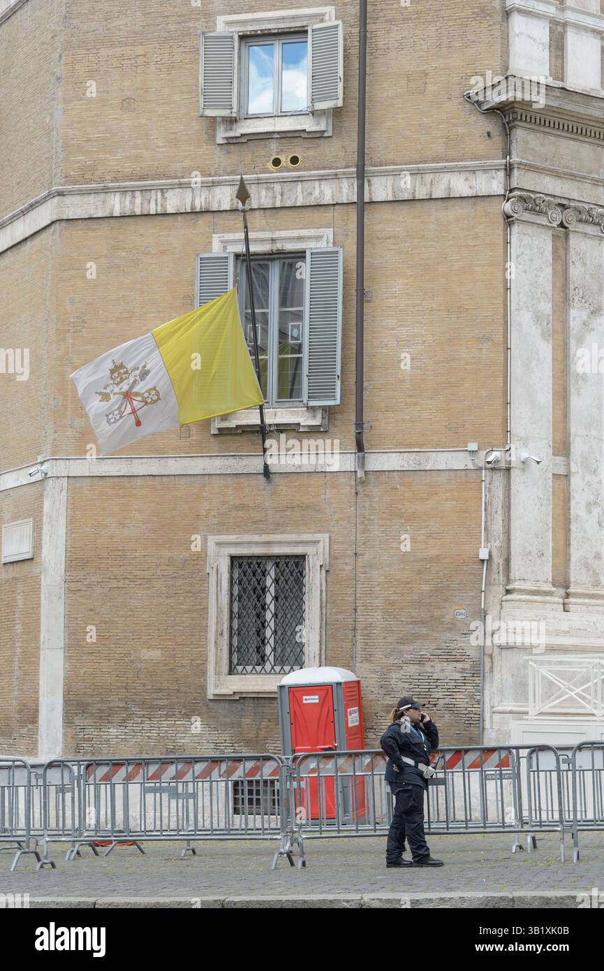Pope Roma Flag Rome, Italy. 26th Apr, 2025. The Vatican City flag is at half-mast as a ...
