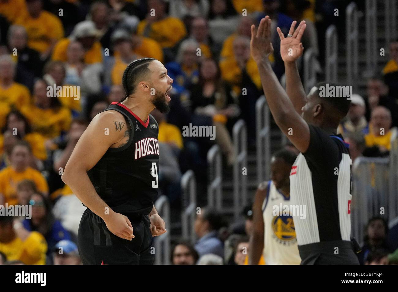 Houston Rockets forward Dillon Brooks reacts after scoring against the
