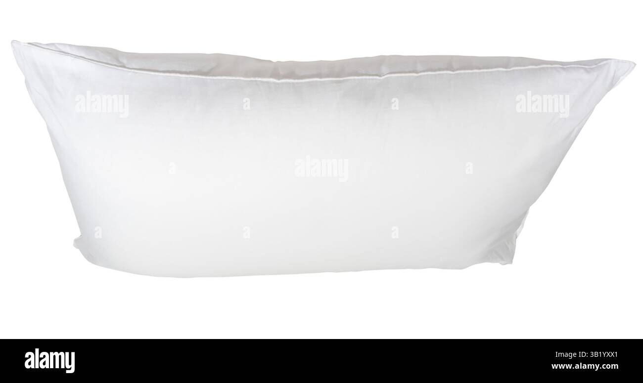 White pillow after use in hotel or resort room is isolated on white background with clipping path, Concept of comfortable and happy sleep Stock Photo