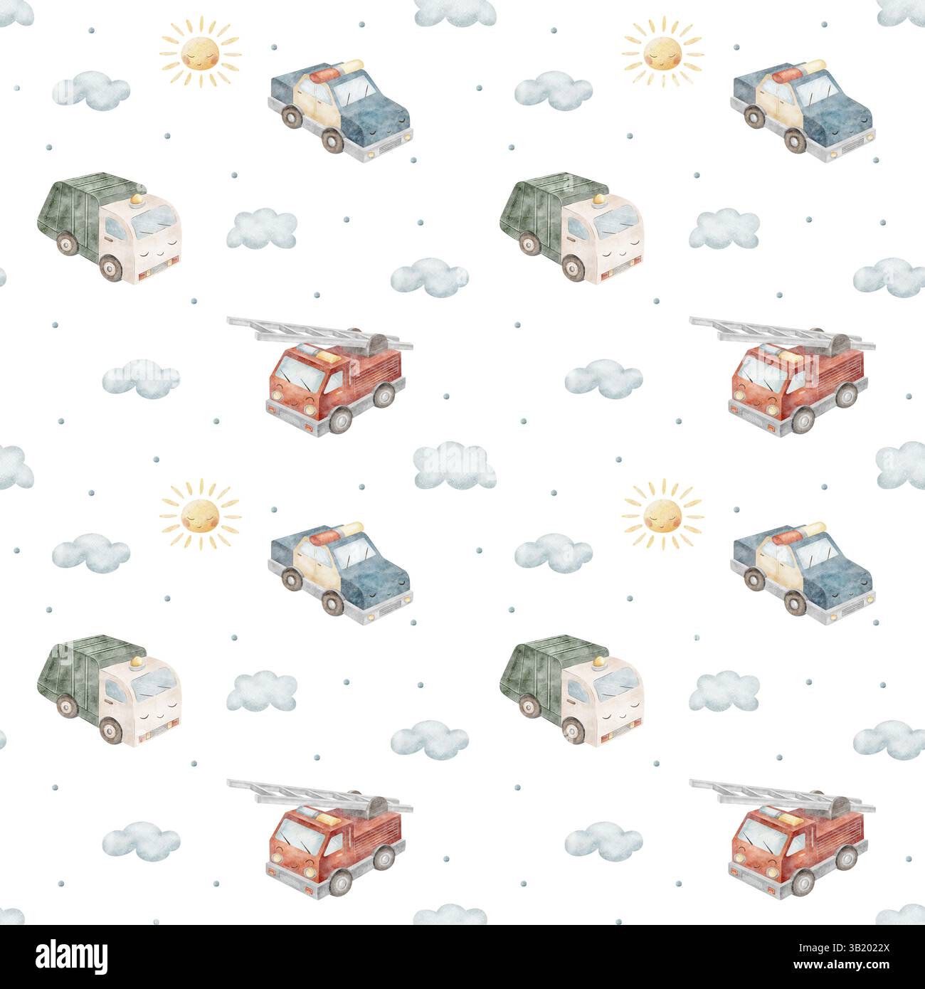 Pattern fire engine, garbage truck, police car for boy. Watercolor ...
