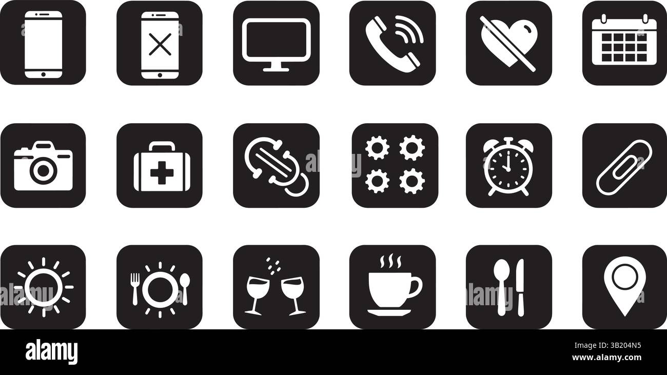 Collection of white glyph icons on black rounded square backgrounds featuring smartphones, clocks, coffee cups, sun, cutlery, gears, and location pins Stock Vector