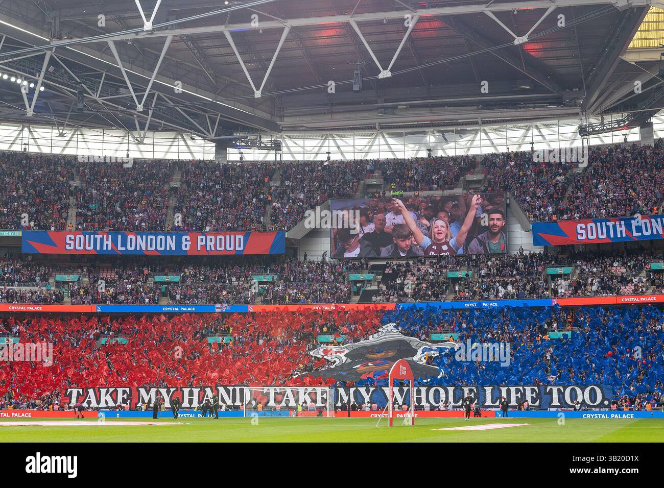 London, UK. 26th Apr 2025. Crystal Palace fans flag and banner display ...
