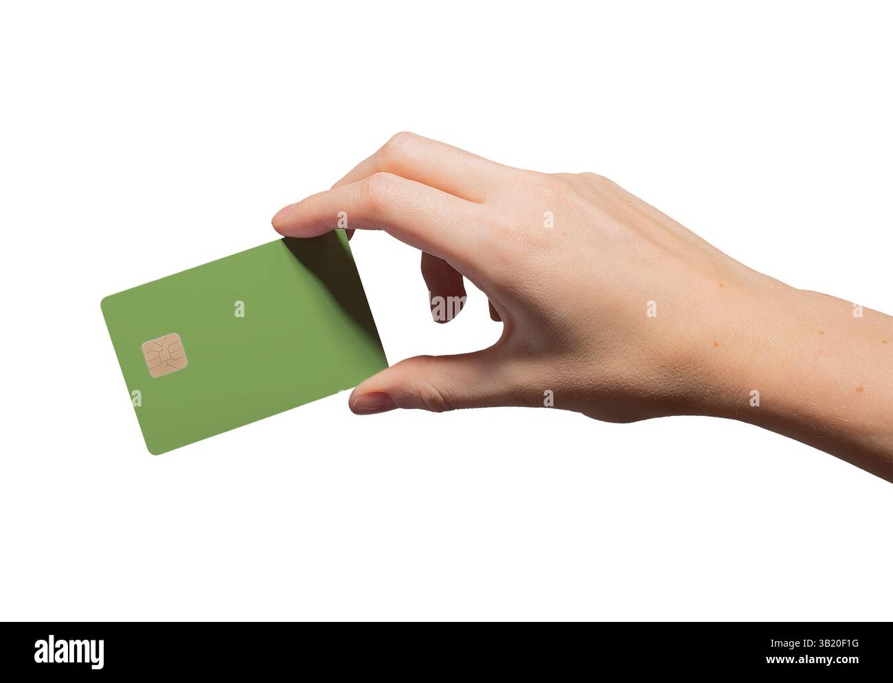Green Card in hand. plastic bankcard for smart electronic payment, online shopping, loan, cashback, identity, bonus, finance, trade and retail busines Stock Photo