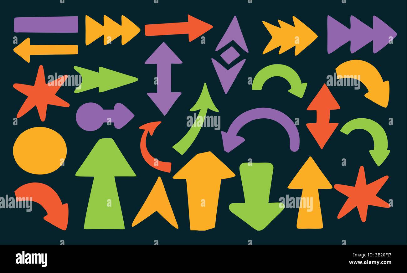 Set of Hand Drawn Vector curved colored Arrows Doodle on White ...