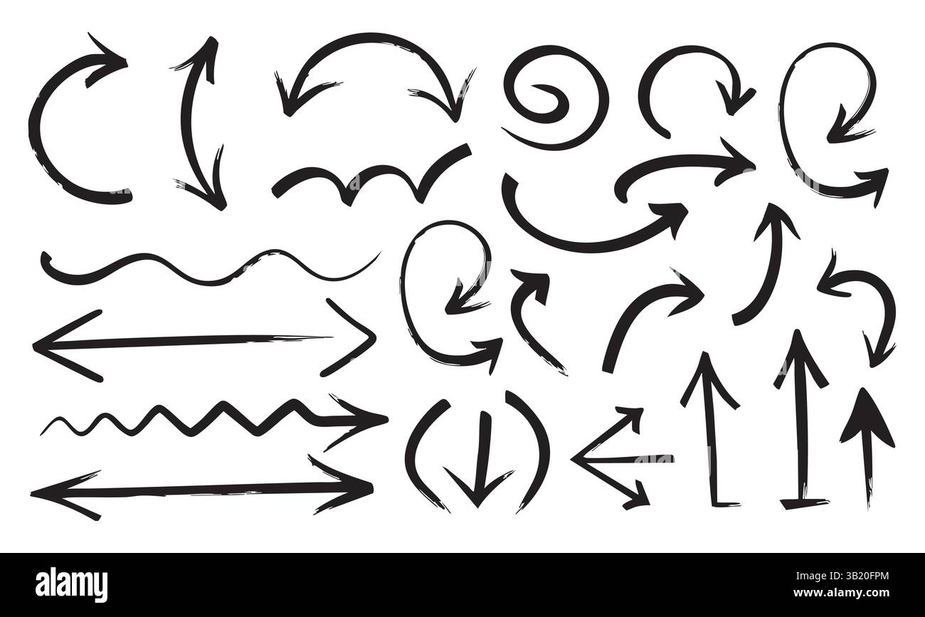 Set of Hand Drawn Vector curved black Arrows Doodle on White Background ...