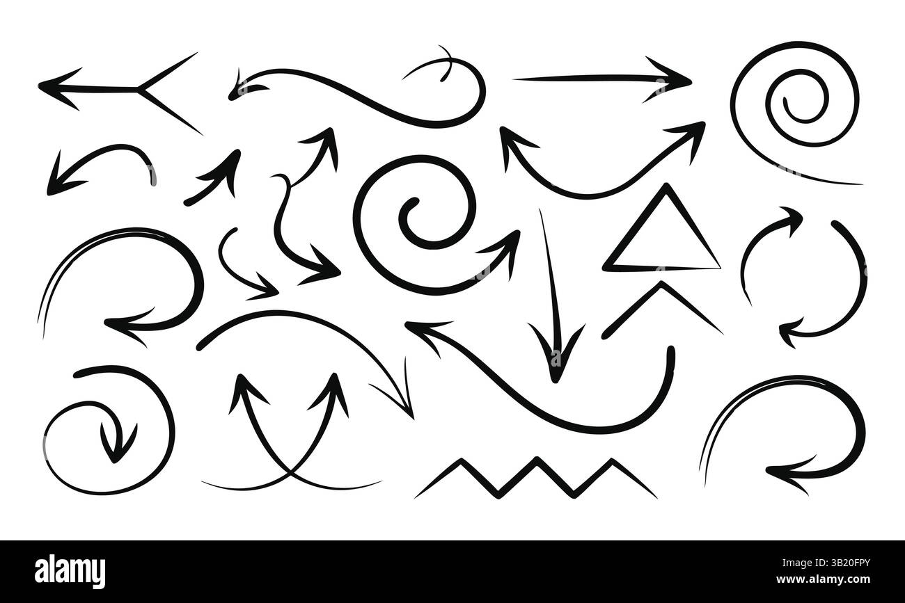 Set of Hand Drawn Vector curved black Arrows Doodle on White Background ...