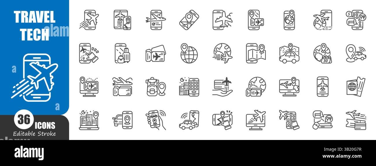 Travel techonology outline icon . Editable stroke . Vector . Stock Vector
