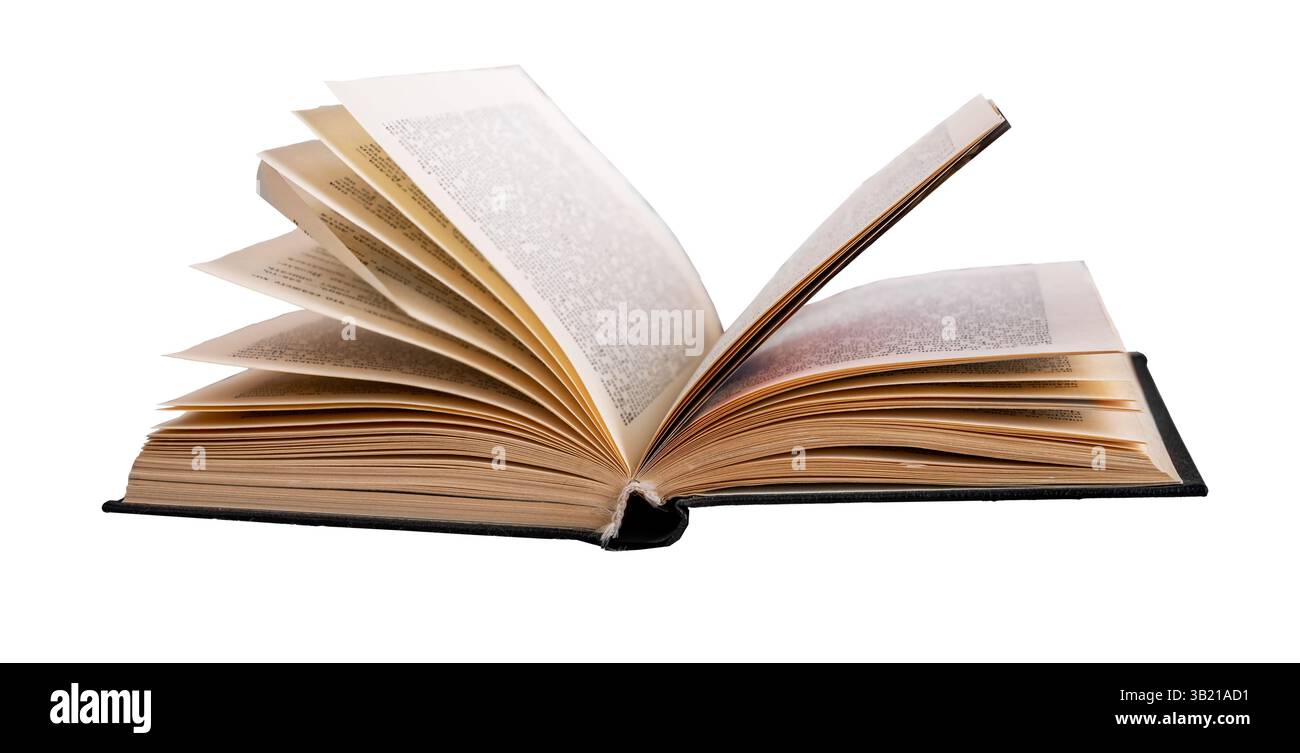 Book lying open. Vintage yellow pages turning, classic old storybook