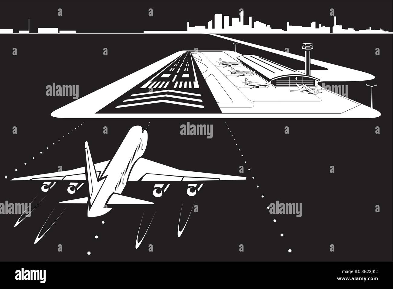 Passenger airplane approaching airport by night – vector illustration ...