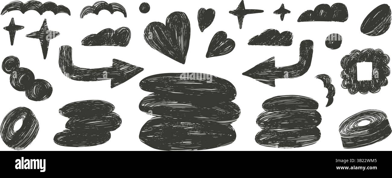 Abstract shapes and text boxes charcoal drawn set. Naive doodle figures on white background. Callouts frames geometric forms elements. Vector silhouet Stock Vector