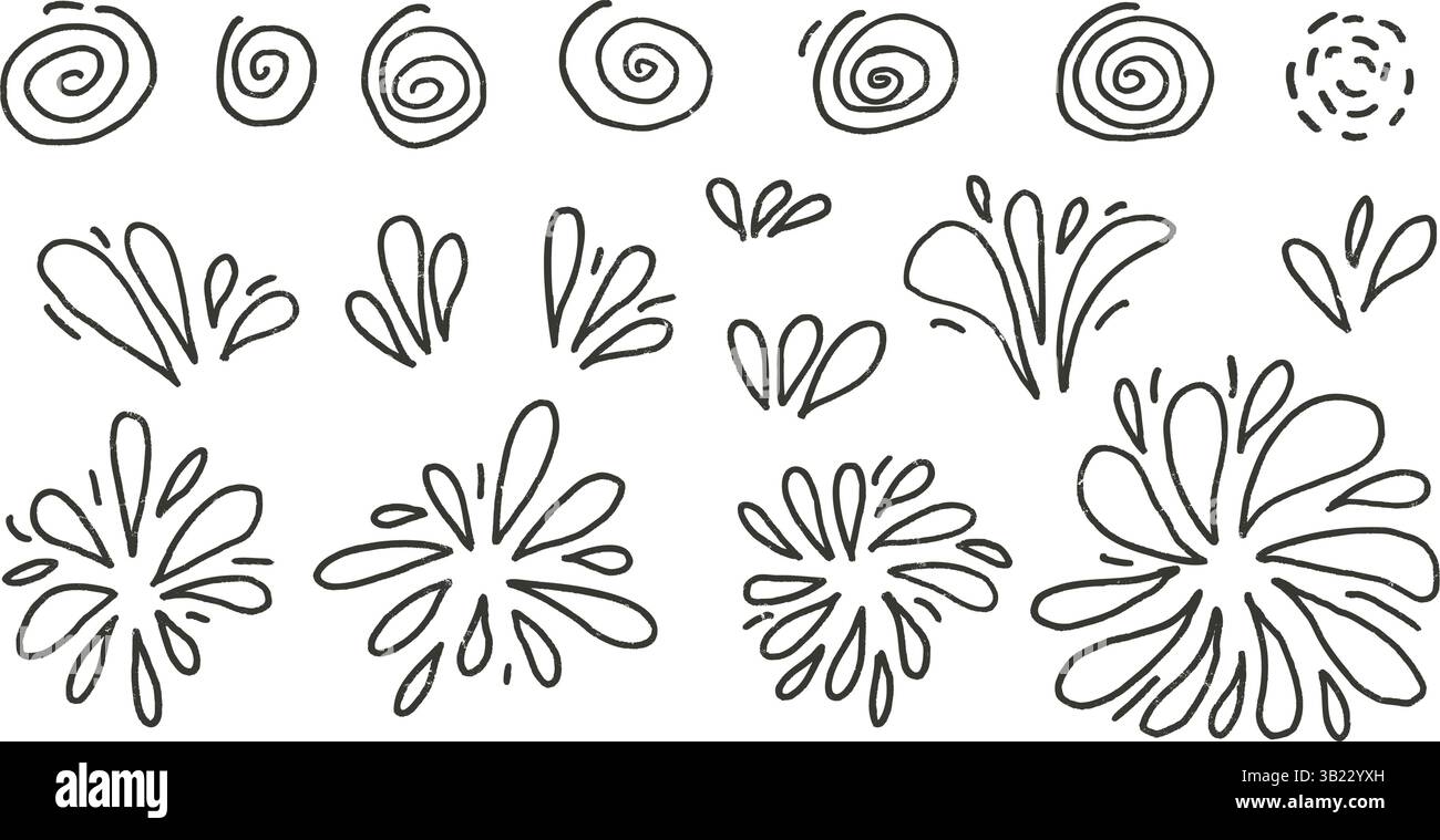 Firework outline hand drawn set. Party firecrackers and splashes in doodle style isolated on white background. Carnival monochrome line scribble decor Stock Vector