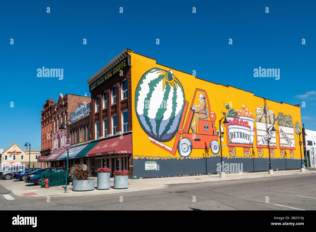 Detroit, Michigan, United States of America – October 14, 2018. Block of historic buildings, dating from about 1890, and carrying an Eastern Market mu Stock Photo