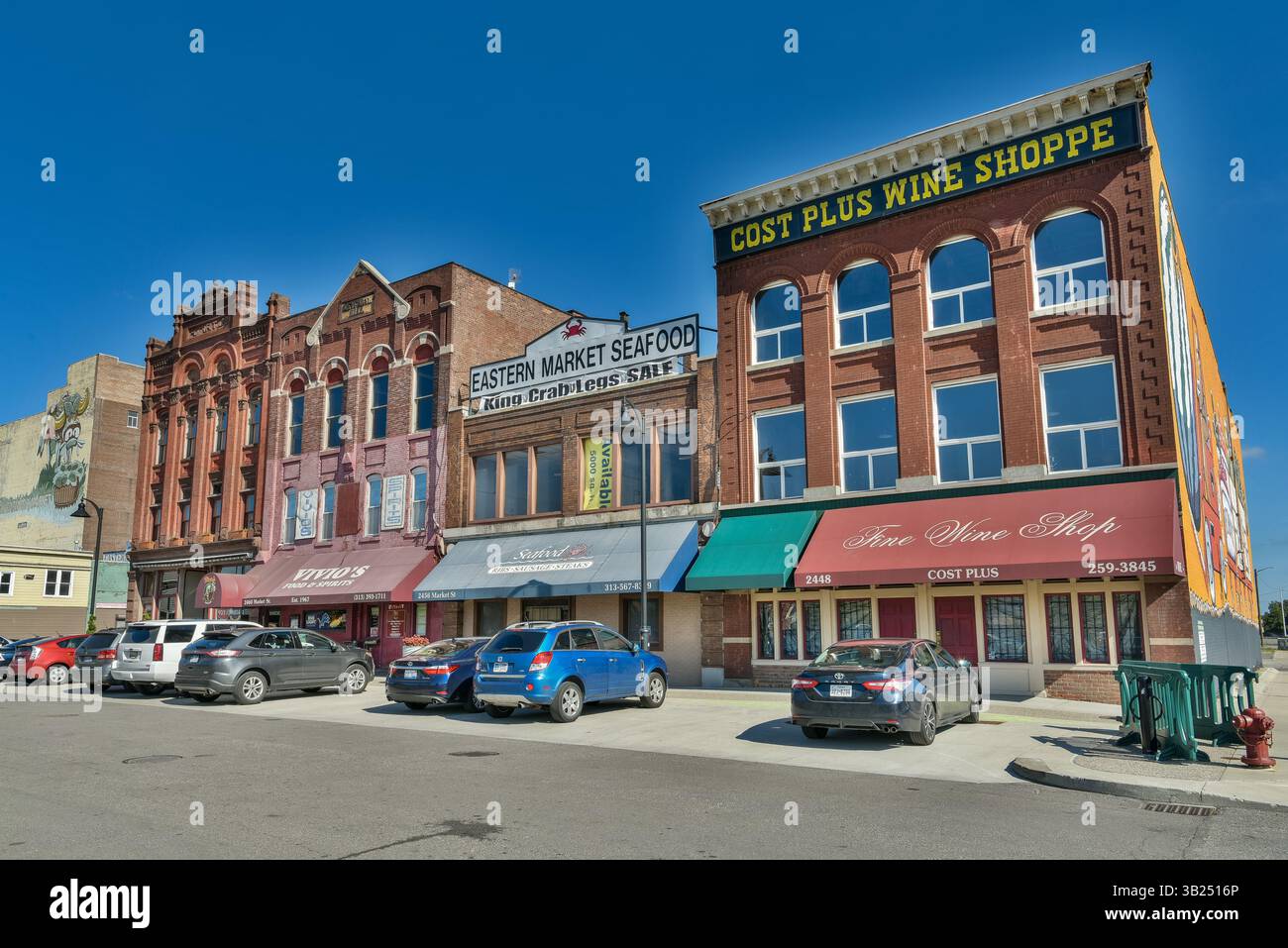 Detroit, Michigan, United States of America – October 14, 2018. Block of historic buildings in Eastern Market neighbourhood of Detroit, MI. Incorporat Stock Photo