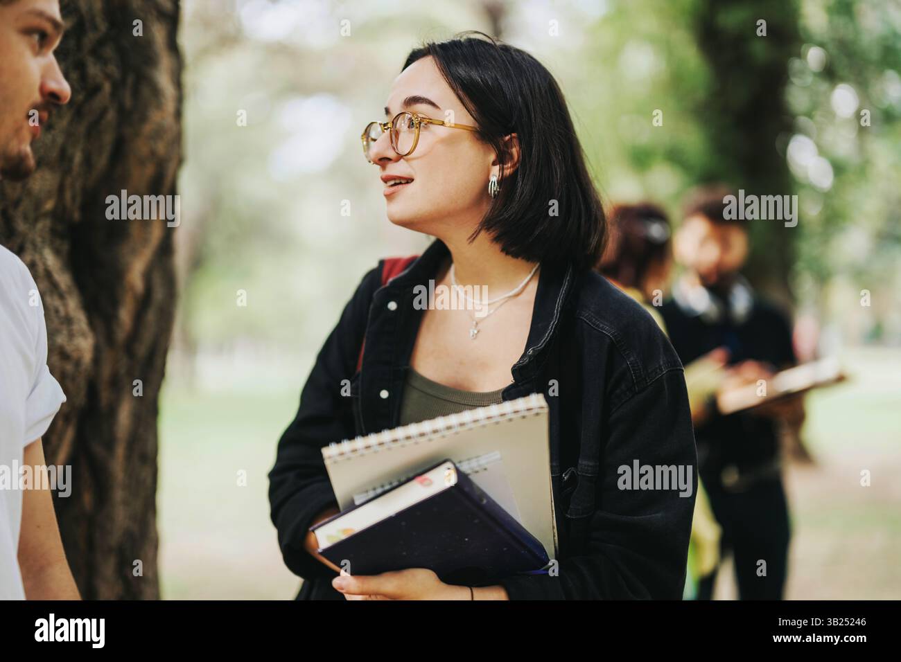 Multicultural students collaborating outdoors on academic projects in the park Stock Photo