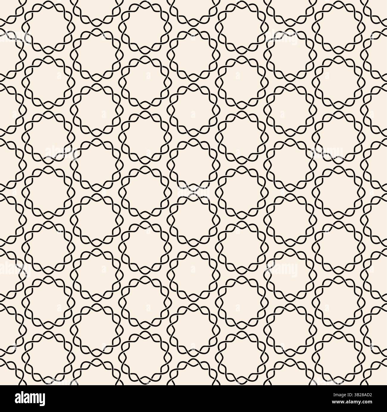 Interwined black circles braids seamless pattern on beige background. Repeating beige pattern. Stock Vector