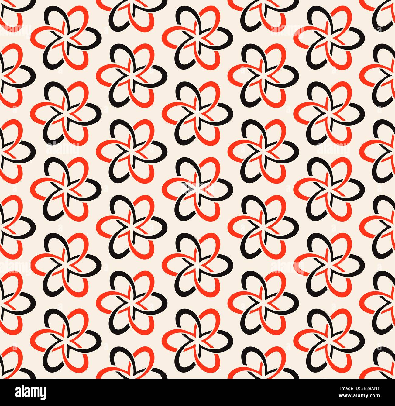Black red geometric flowers, interwined circles seamless pattern on beige background. Repeating beige pattern. Stock Vector