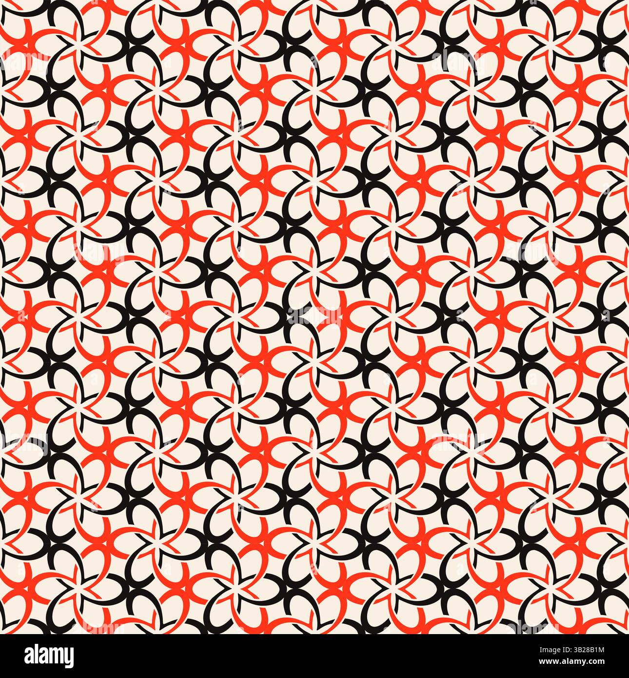 Black red geometric flowers, interwined circles seamless pattern on beige background. Repeating beige pattern. Stock Vector
